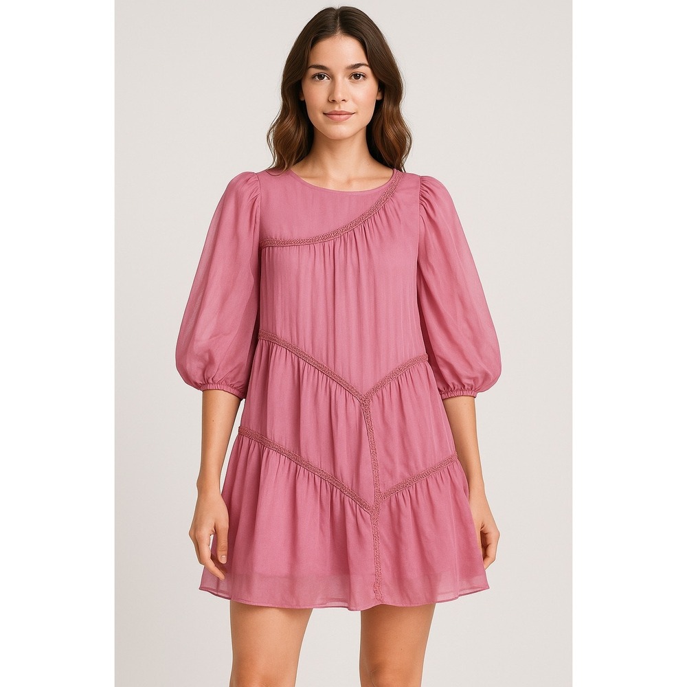 Blue B. Collection‎ Pink Tiered Babydoll Mini Dress Puff Sleeve Braided Trim M